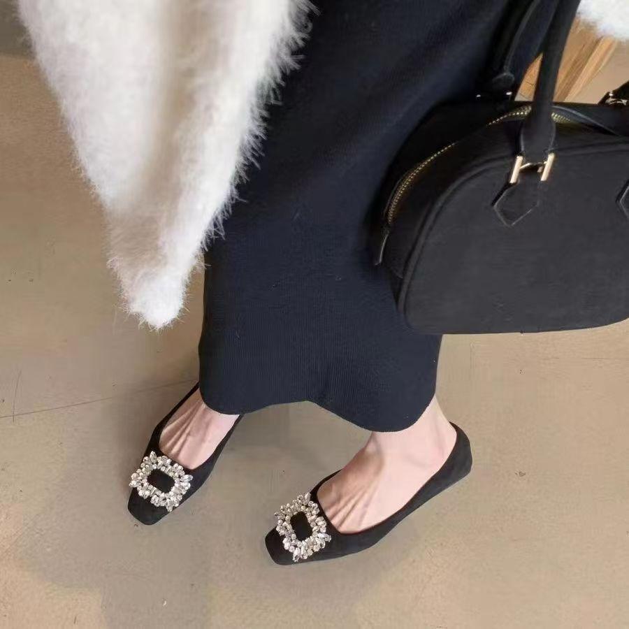 Commuting versatile square head flat-soled laden shoes French rhinestone advanced sense design sense single shoes women's spring and autumn 2025 new