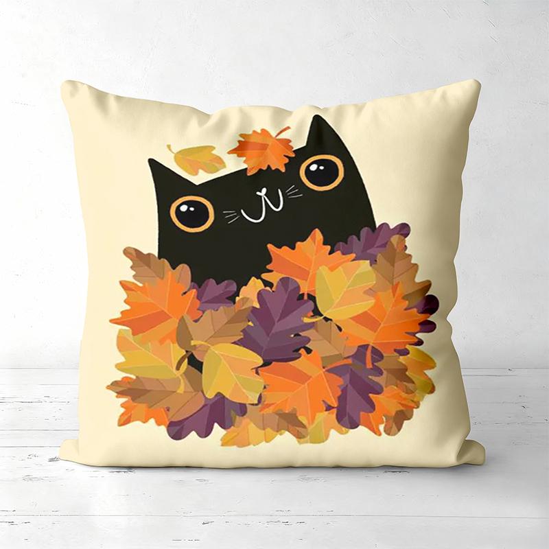 1 Pieces Black Cat with Autumn Leaves Pattern Pillow Polyester pillowcase, sofa decorative cushion cov Headboard Pillow 45x45cm