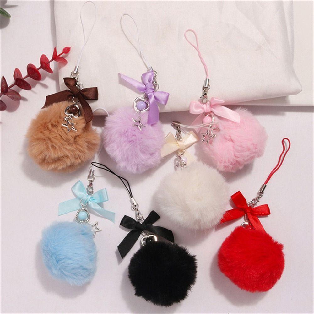 Bag Pendant Mobile Phone Lanyard Ribbon Bow Pompom Keychains Hairball Pendant  Keys Backpack