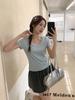 Solid color lace edge splicing square neck short-sleeved T-shirt women's spring new sweet spice girl stacked undershirt with top