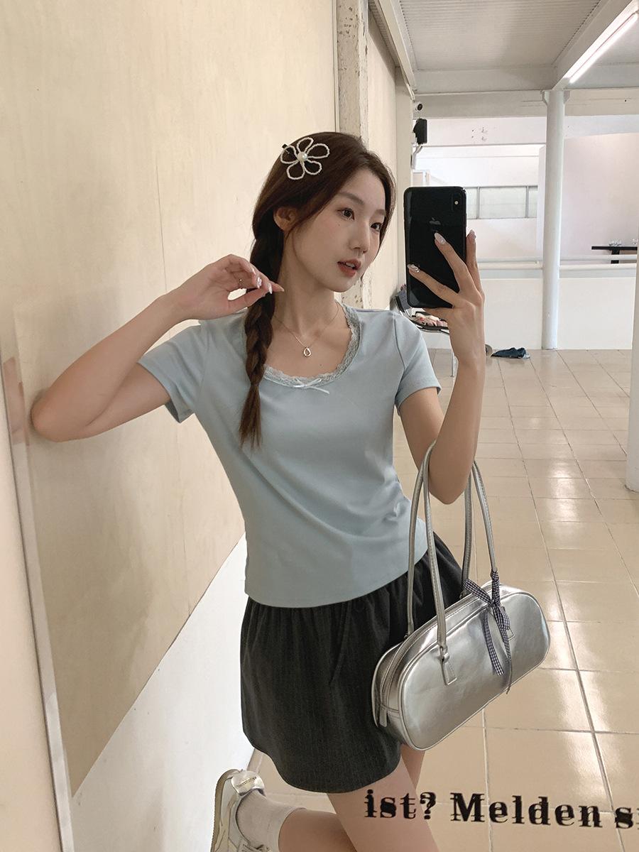 

Solid color lace edge splicing square neck short-sleeved T-shirt women s spring new sweet spice girl stacked undershirt with top S светло-синий