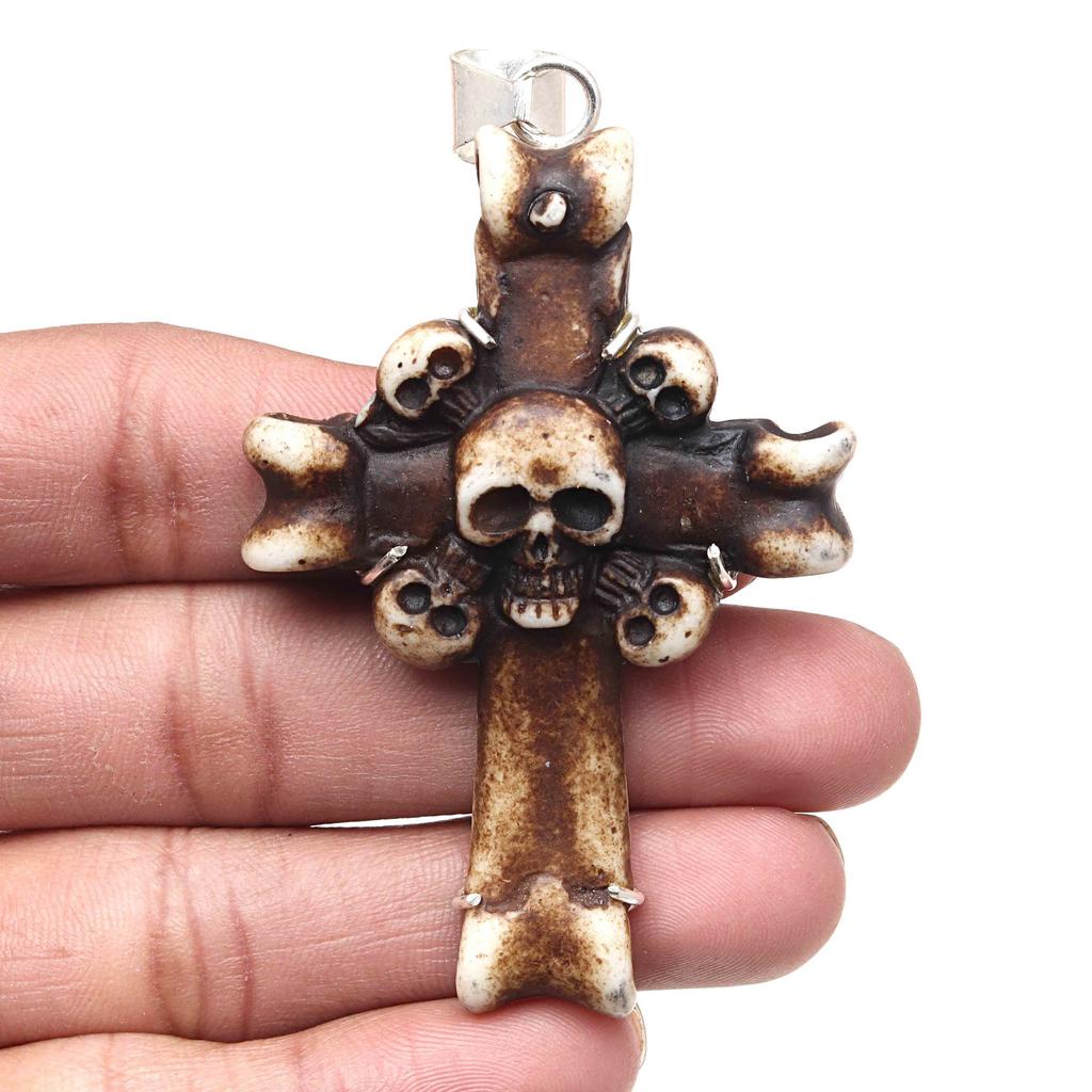 Pendant Brown Boneface Gemstone Handmade Ethnic Silver Jewelry 3.25"