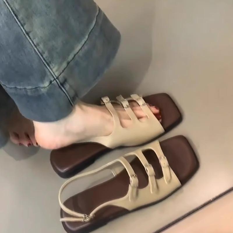 

Retro French sandals women s summer 2025 new design belt buckle square head open-toed flat beach Roman shoes 40 хаки