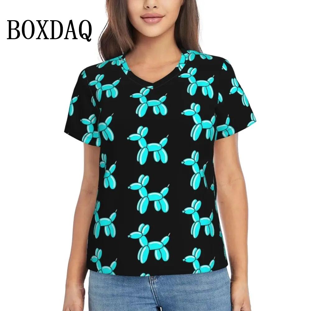 Rainbow Balloon Dogs Print T Shirt Female Summer V-Neck T Shirts Short Sleeve Street Fashion Shirt Women Cute Graphic Kawaii Top