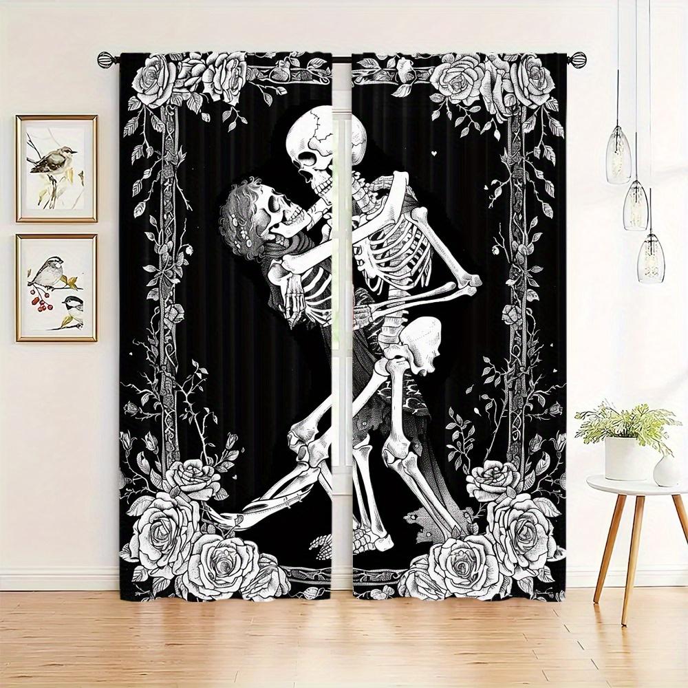 2pcs Halloween Red Rose Gothic Skeleton Rod Pocket Curtain For Living Room Bedroom Office Child Room Decor Study Coffee Shop