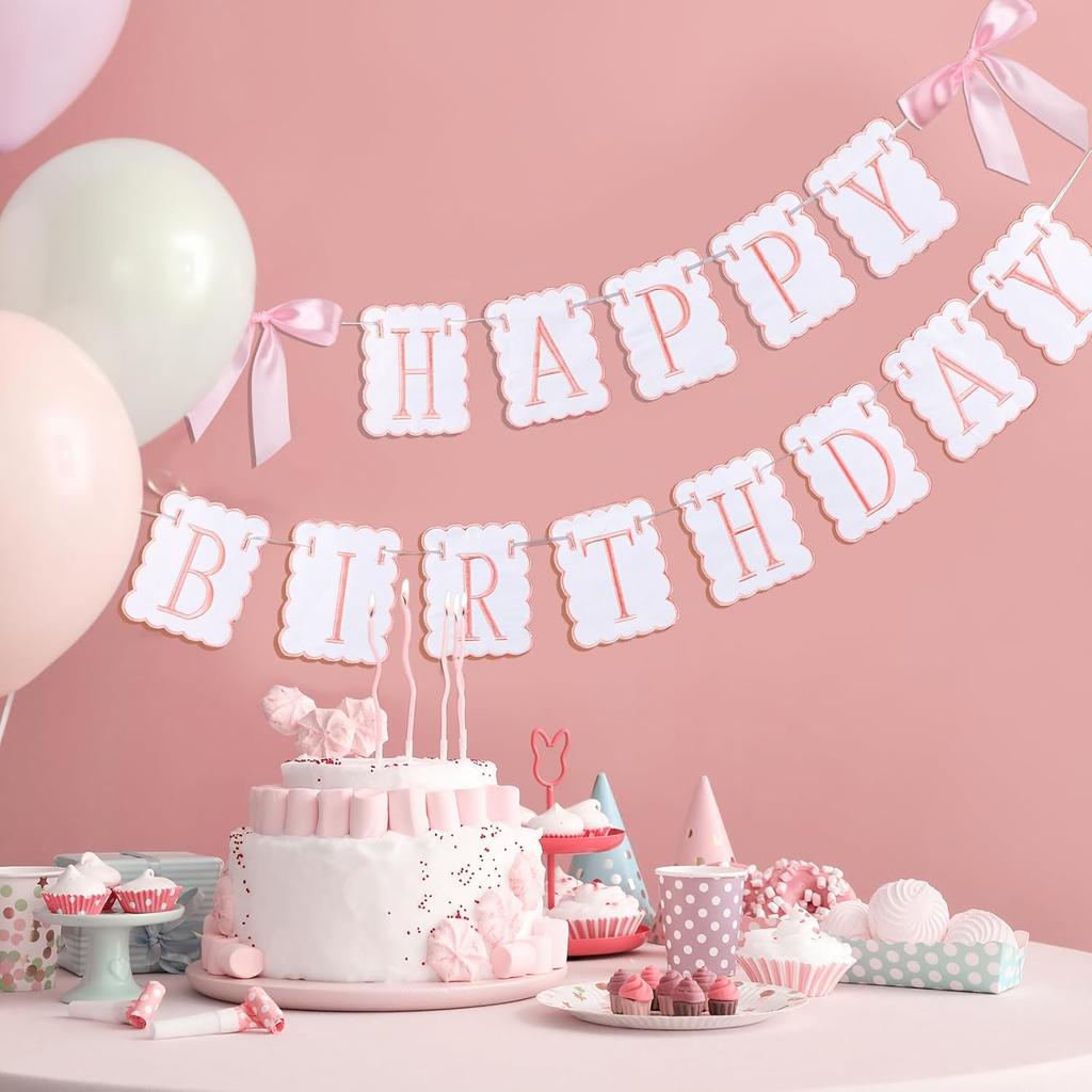 Oudain Pink and White Bow Happy Birthday Banner Garland Pink Bow Birthday Party Decorations Coquette Scalloped Embroidered First Party Cake Smash