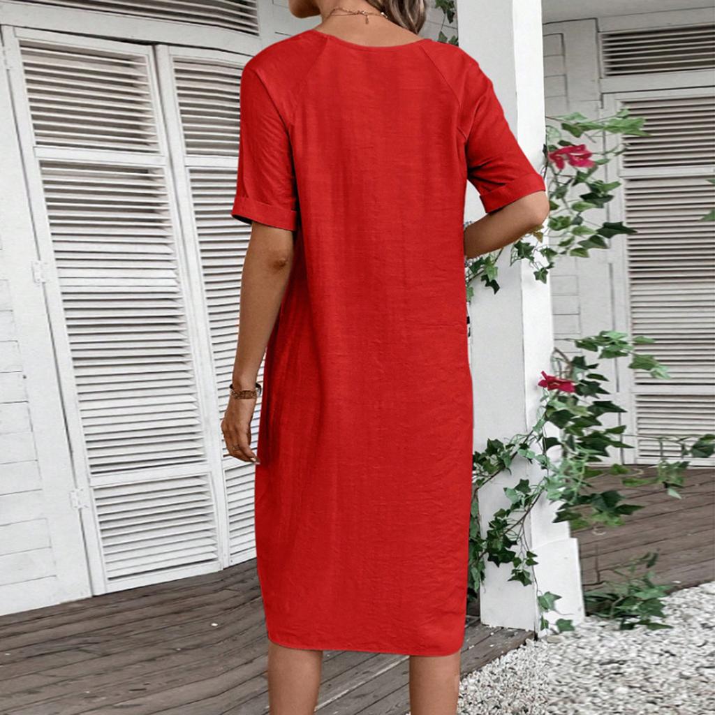 Women's V-Neck Loose Comfortable Short Sleeve Cotton Linen Dress
