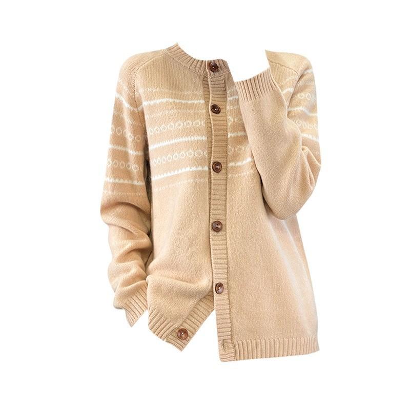 Retro Crew Neck Cardigan Women's Autumn and Winter Fashion Versatile Knitted Top Jacket