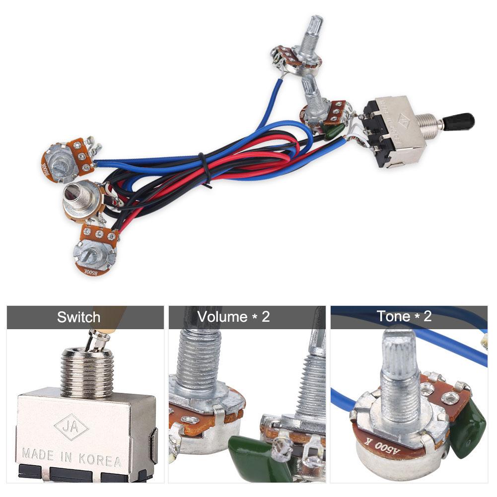 2 Volume 2 Tone 1 Jack 500K Pots 3 Way Switch Wiring Harness for Les Paul LP Guitar
