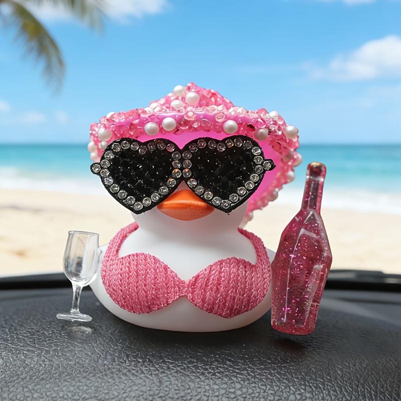 

1PC White Rubber Duck Car Dashboard Decoration with Pink Sparkling Hat Champagne Bottle Fun Interior Ornament Gift 1 piece pack