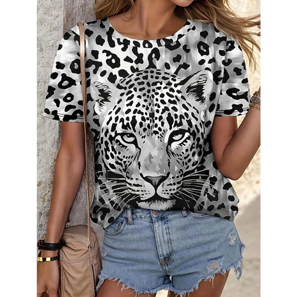 Mode Dames Retro Creatief Luipaardprint T-shirt Grappig Casual Ronde Hals Korte Mouwen T-shirt Zomer Dames T-shirt