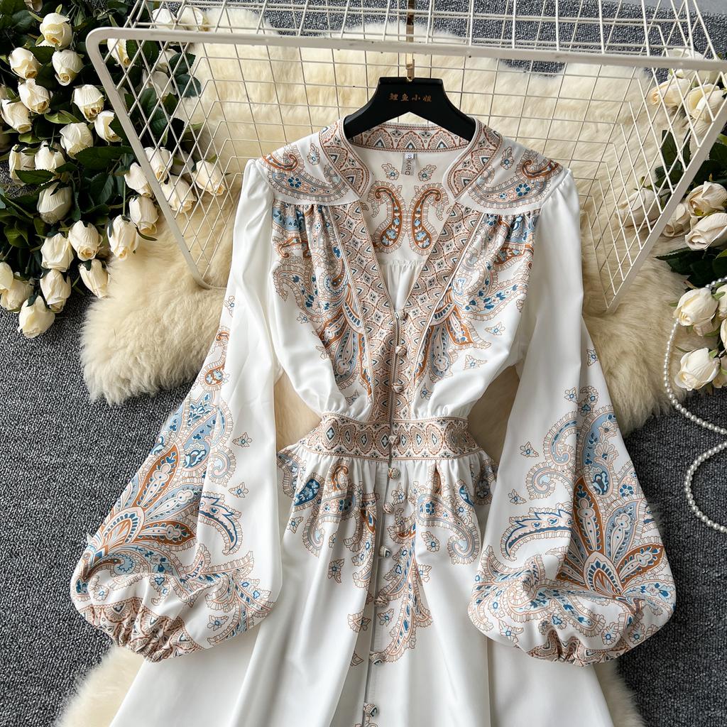 Francouzské retro elegantní dlouhé šaty dámské ve společenském stylu s potiskem paisley dámské Dlouhé šaty do V s výstřihem do V