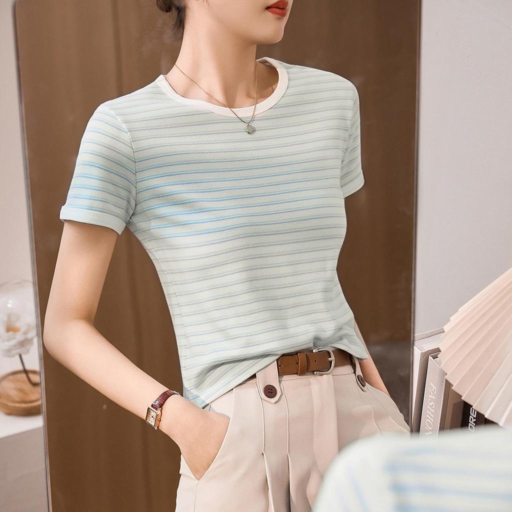 Women’s Striped Round Neck Short Sleeve T-shirt - New 2026 Summer Fashion, Combed Cotton, Versatile Color Block Design.