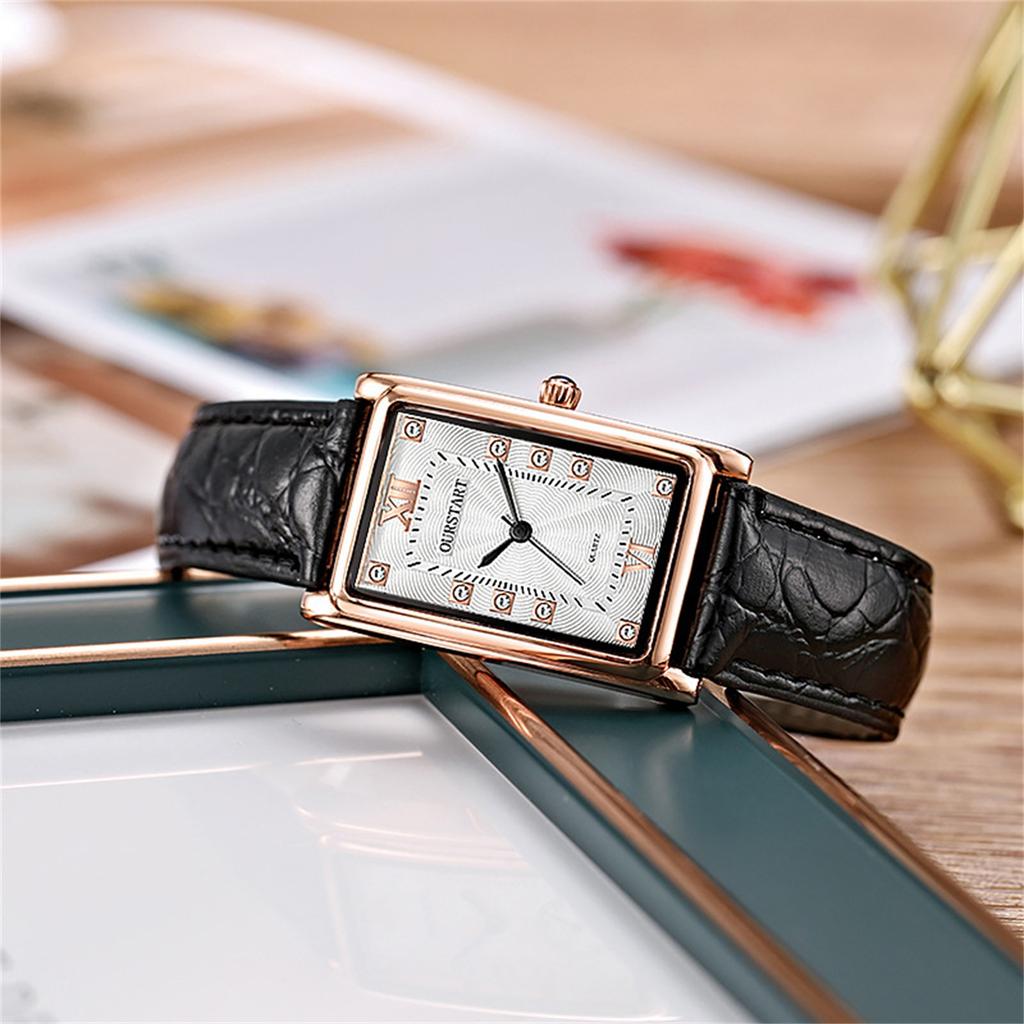 OURSTART Women Square Dial Quartz Watch with Leather Strap and Rhinestone Markers Elegant Minimalist Design Durable Construction