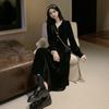 French Light Luxury Retro Black Dress Herben-Style Velvet V-Neck Small Niche Slimming Temperament Long Dress