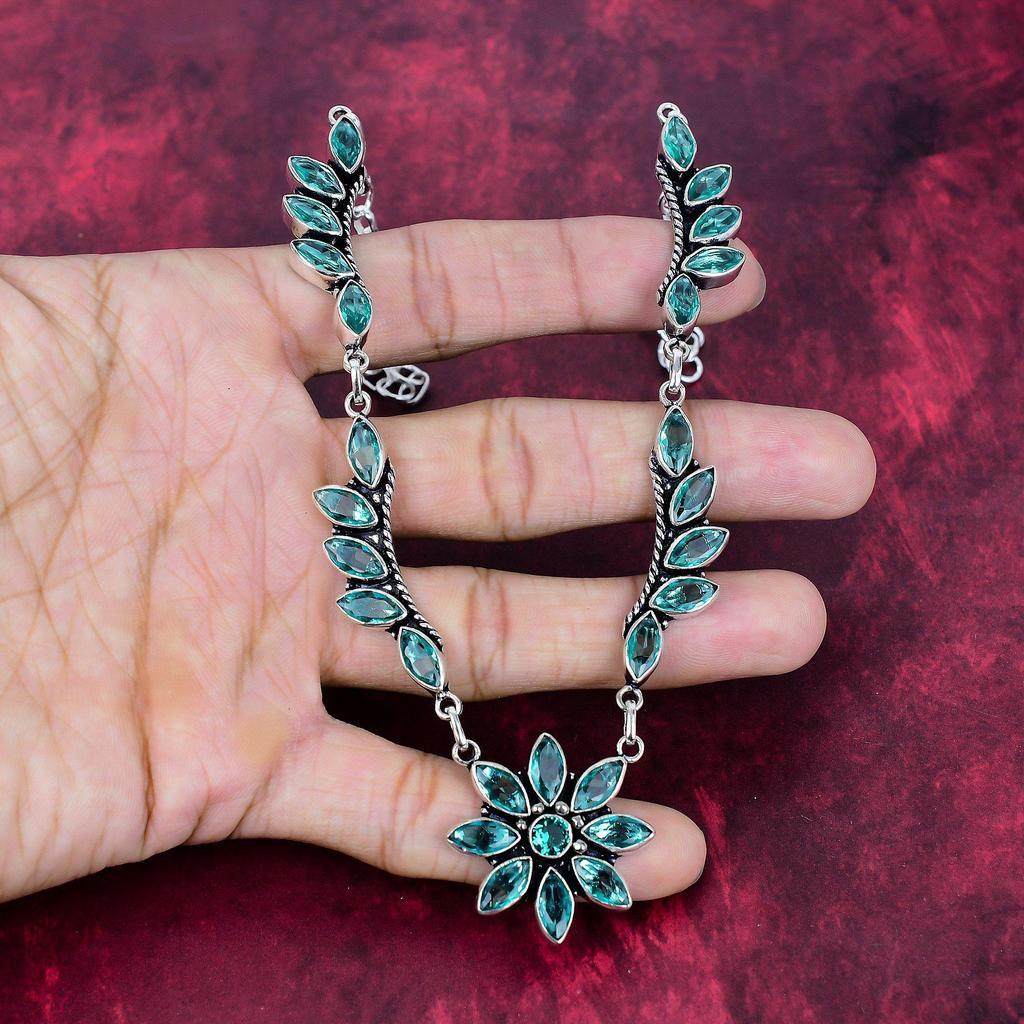 Indicolit Handgefertigte Edelsteinkette, 925 Massiv Sterlingsilber Kette Antikschmuck, Für Verlobungsgeschenk
