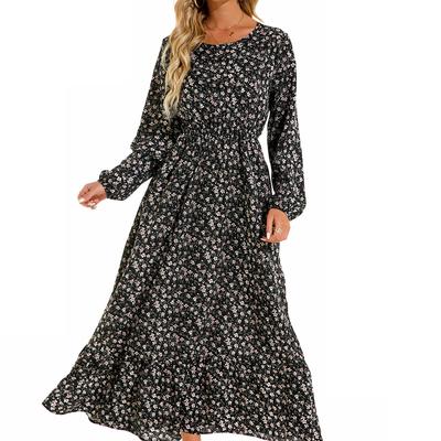Autumn Round Collar Floral Printed Elegant Slim Long Dress Vintage Bohemian Women's Ruffles Chiffon Dresses