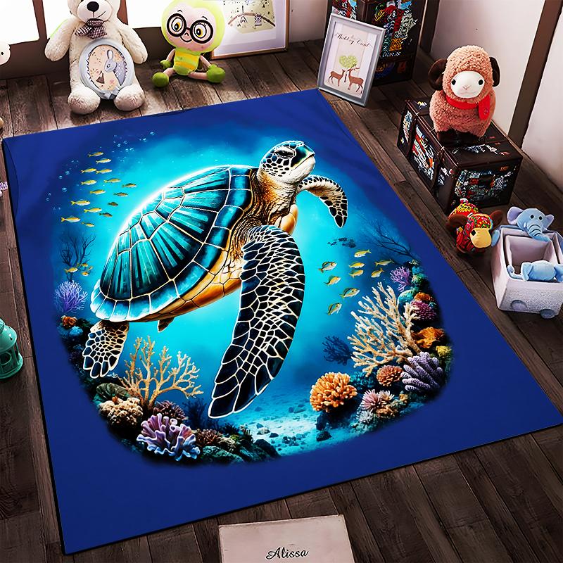 Sea Turtle Coral Reef Design Carpet, Blue Underwater Ocean Theme Rug Suitable for use as an anti-slip for living room bedroom sofas