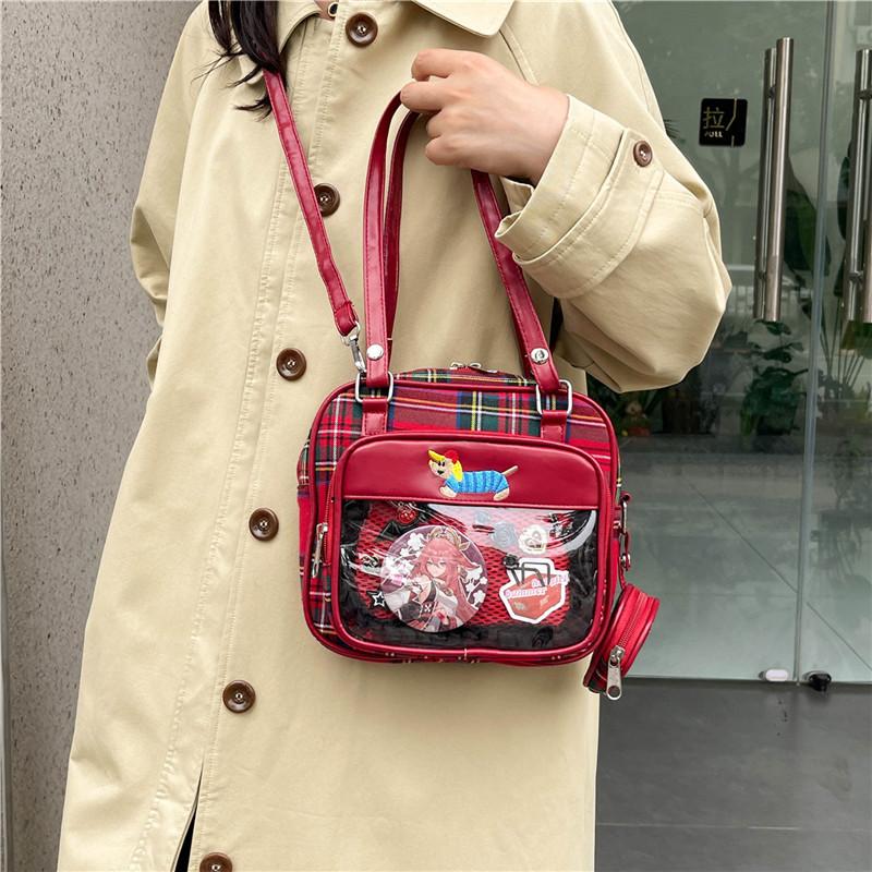 New Kawaii Women Ita Crossbody Tote Bag Clear Nylon Plaid Small Shoulder Bag JK Girls Pin Display Handbag With Circle Pocket