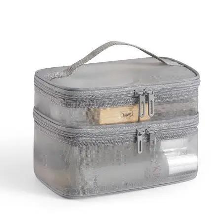Double Layer Mesh Cosmetic Organizer - Large Capacity Travel Toiletry Bag, Waterproof Wash Bag,Portable Storage, Makeup Bag серый