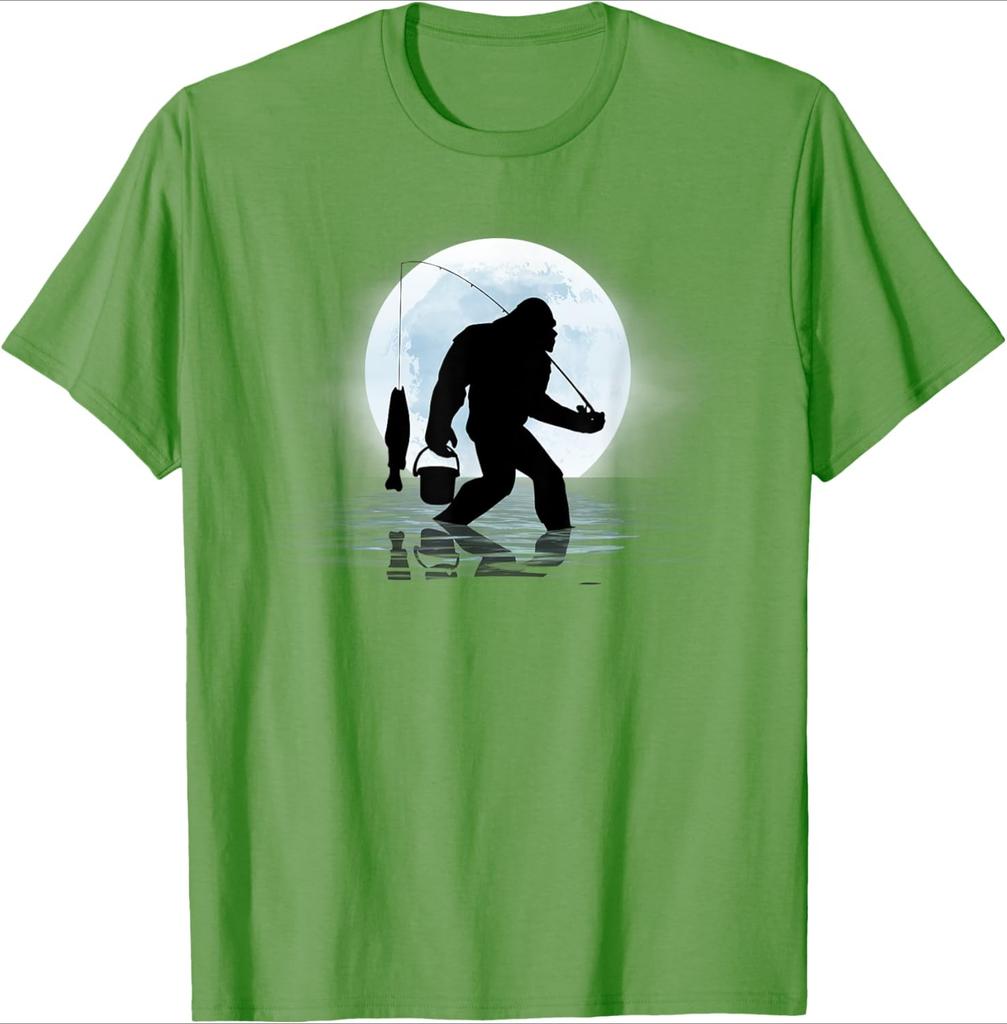 Bigfoot Fishing Funny Sasquatch and Fish Night Fishing design100 cotton Oneck short sleeve casual printed Unisexs Tshirt