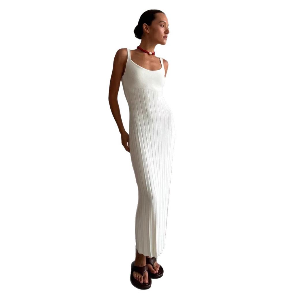 Summer New Knitted Square Neck Pleated Slip Dress, Casual Lazy Vacation Sundress for Women, European & American Style