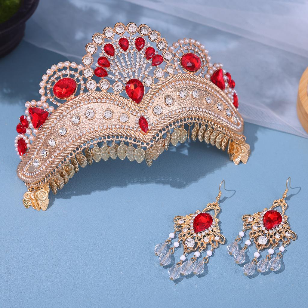 European and American Luxury Bridal Rhinestone Crown Tiara Light Luxury Exotic Tassel Photography Crown Earrings Set Studio Accessories