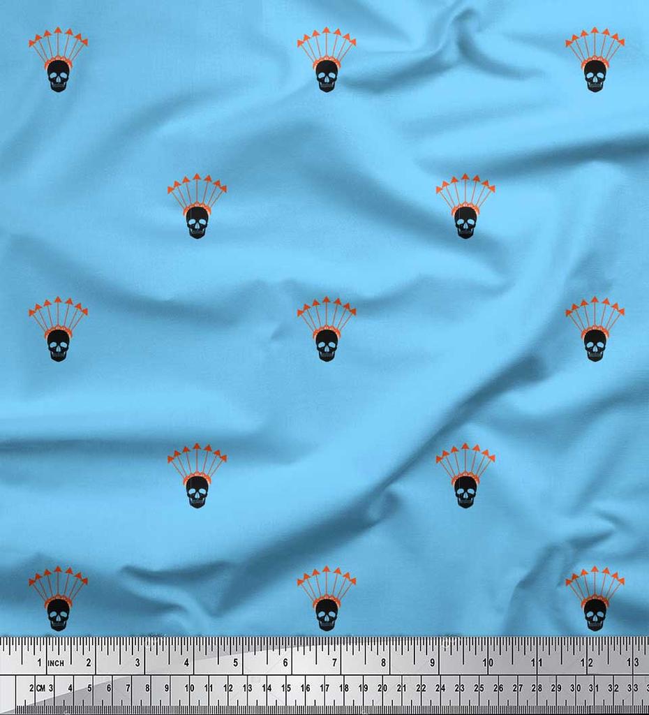 Soimoi Modrá Japonská Krepová Saténová Látka Látka s potiskem Šipky a Lebky na metr 42 Palců