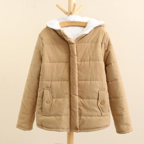 Winter Down Coat Hooded Zipper Solid Color Plush Hat Warm Thick Padded Cardigan Lady Winter Coat for Outdoor