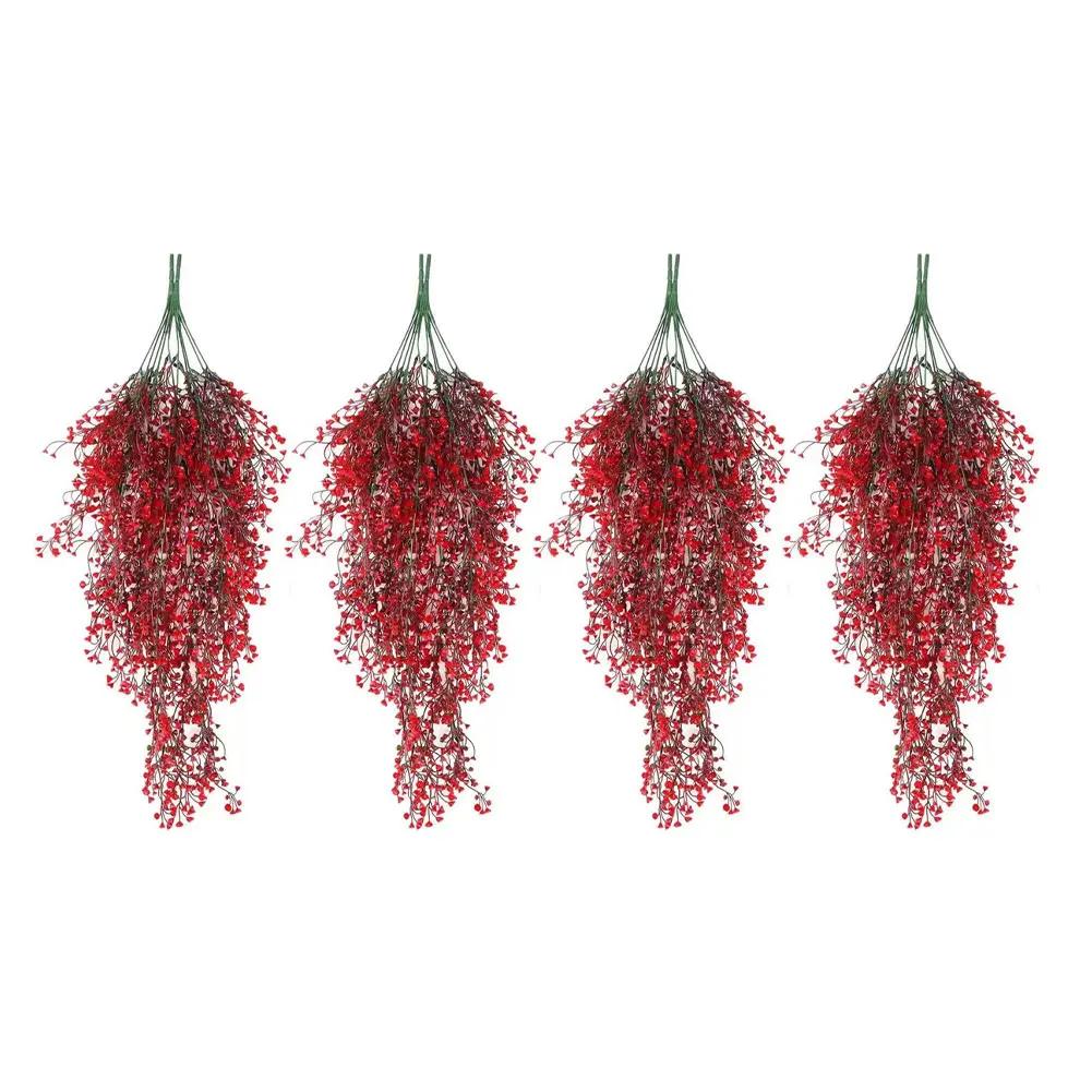Artificial Hanging Plants 4 Pack Faux Plastic Vine with Red Flower Green Decoration for Indoor Outdoor Balcony