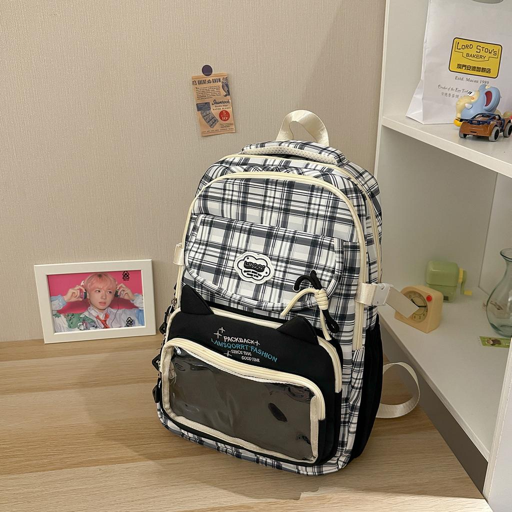 Schoolbag Japanese Light Gray Plaid Cat Ear Pain Bag Backpack Refreshing College Style Junior High School Girls Daily Class Schoolbag