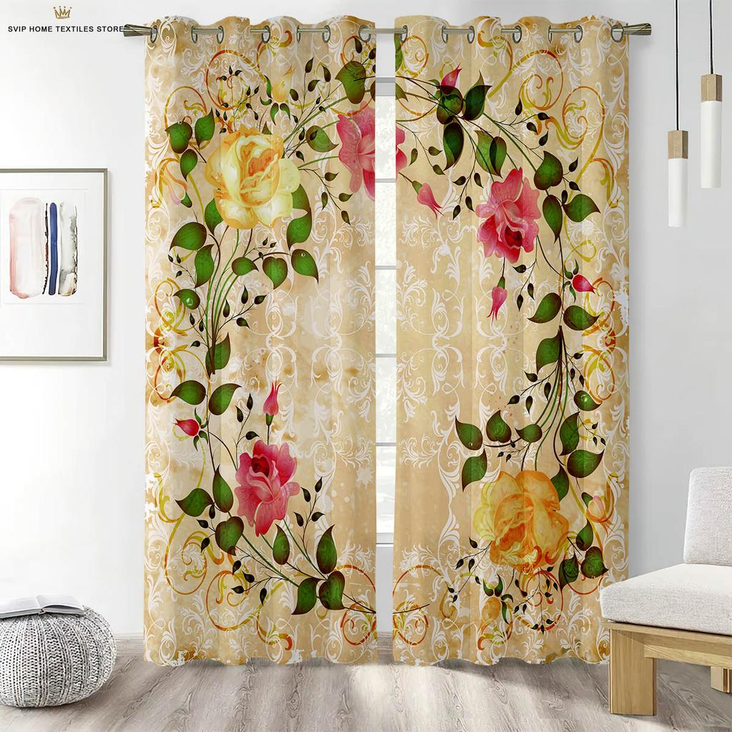 Floral Printed Curtains for Bedroom, Romantic Pastoral Style, Easy to Wash and Care, Home Decoration, 2 PCs