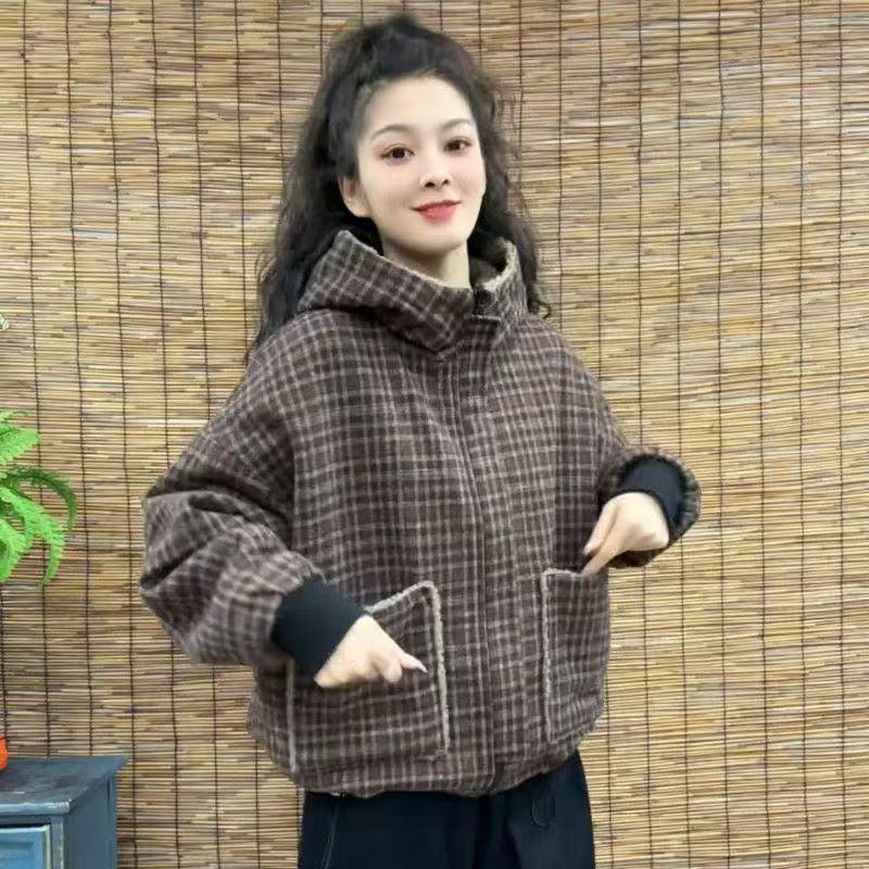 Women's 2025 Winter Plaid Hooded Cotton Coat with Velvet Lining – Stylish, Casual, and Age-Reducing
