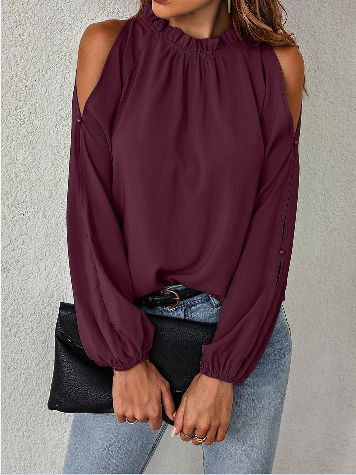European Autumn/Winter Women's Off-Shoulder Top - Solid Color, Ruffle, Half-High Collar, Long Sleeve.