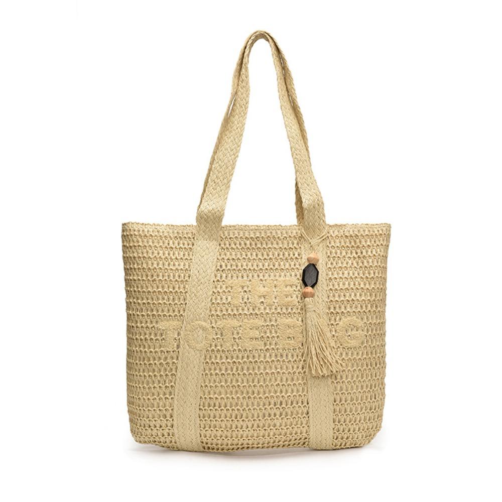 Bohemian Weave Tote Bag Hollow Out Summer Beach Bag Fashion Straw Shoulder Bag  Women бежевый