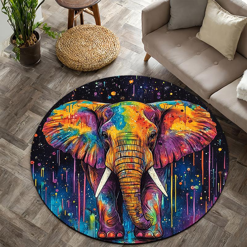 Doodle painted elephant Flannel-printed round floor mats are slip-resistant Suitable living room bedroom terrace garden carpets
