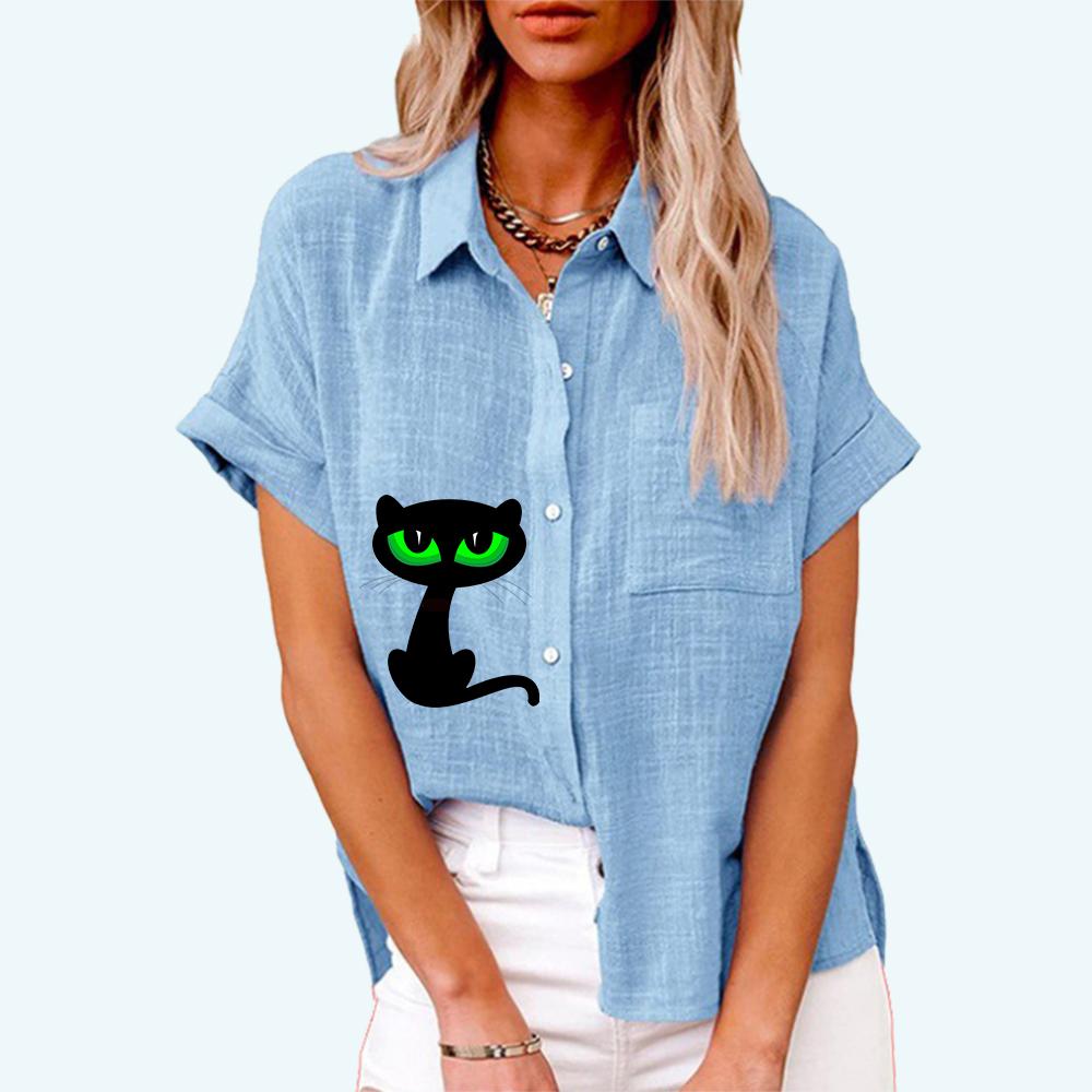Damenmode Reverskragen Top Sommer&Herbst Lässiges Kurzarm T-Shirt Leinenblusen mit Tasche Katzendruck Strickjacke Lockeres Hemd