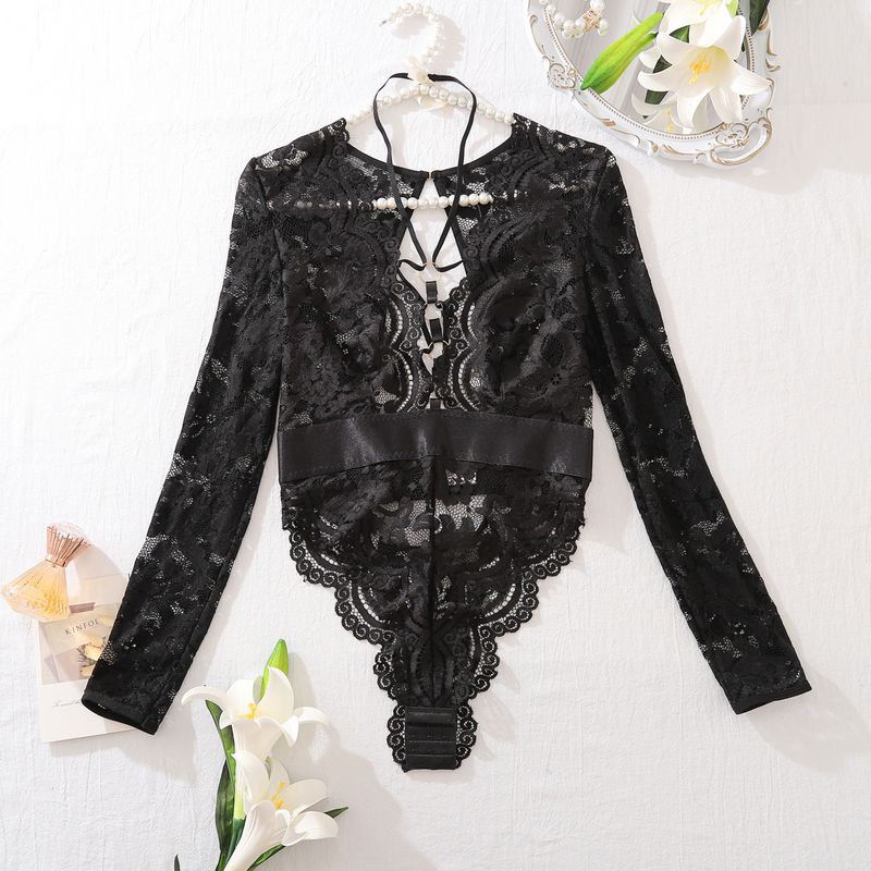 Outfitgirl Black Sexy Lace Sheer Long Sleeve Jumpsuit Female Silm Slim Looking Inner Bottoming Shirt Tops