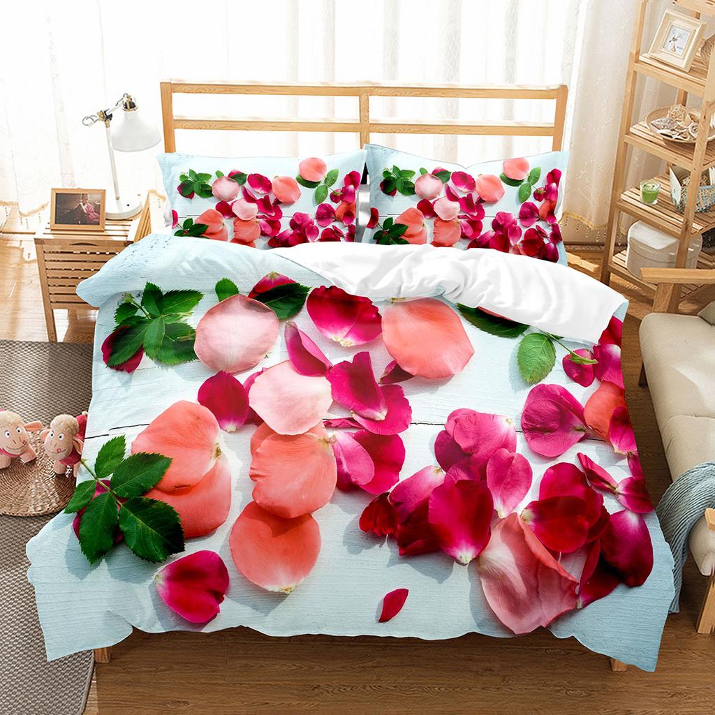 Petal Duvet Cover Set King Queen Full Size Beautiful Flower Pattern Polyester Comforter Cover for Kids Teens Adults Bedding Set