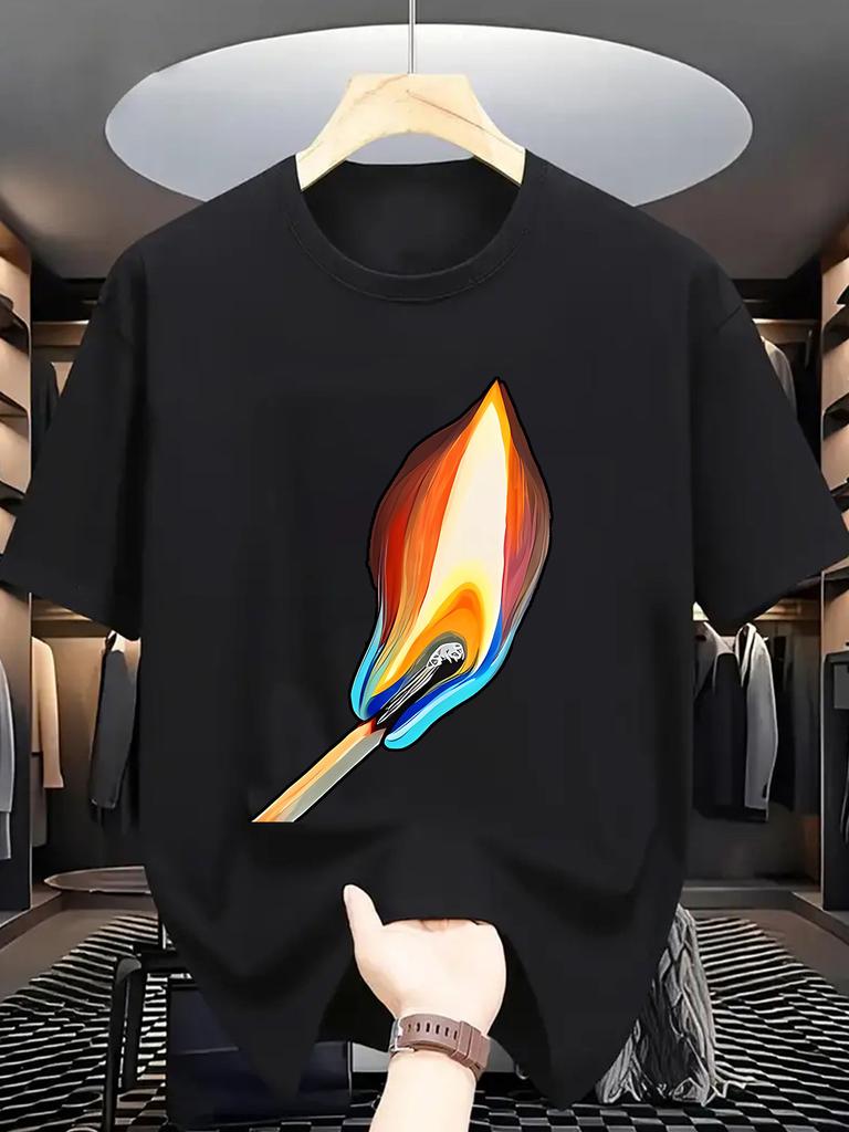Summer Male Casual Grey T Shirt Abstract Burning Match Art Print Soft Cotton Short Sleeve Minimalist Fashion Loose Top