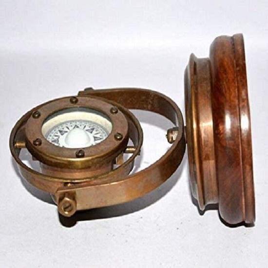 Αντικέ ορειχάλκινο Ναυτικό Vintage Ship's Binnacle Gimballed Compass με ξύλινη βάση