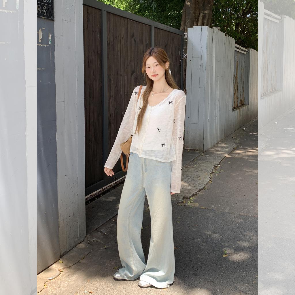 Pure Desire Bow Thin Ice Silk Knitted Cardigan Women's Summer New Design Sense Niche Micro-transparent Top