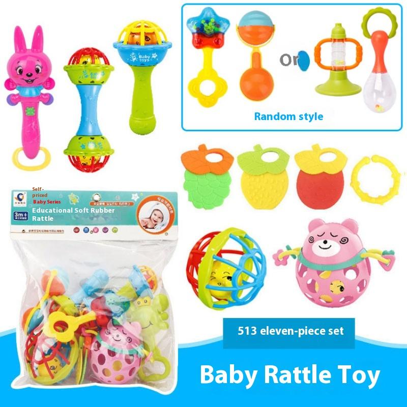 Infant and Toddler Chewable Teether Rattle Set 0-1 Year Old Baby Soft Rubber Hand Grip Ball Bag Rattle