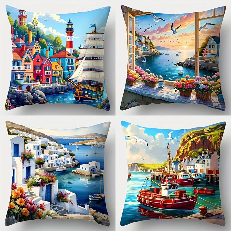 4-delige esthetische strandscène bedrukte kussenhoes set met zeilboten, geschikt voor woonkamer bank decoratie vulling niet inbegrepen 60x60cm