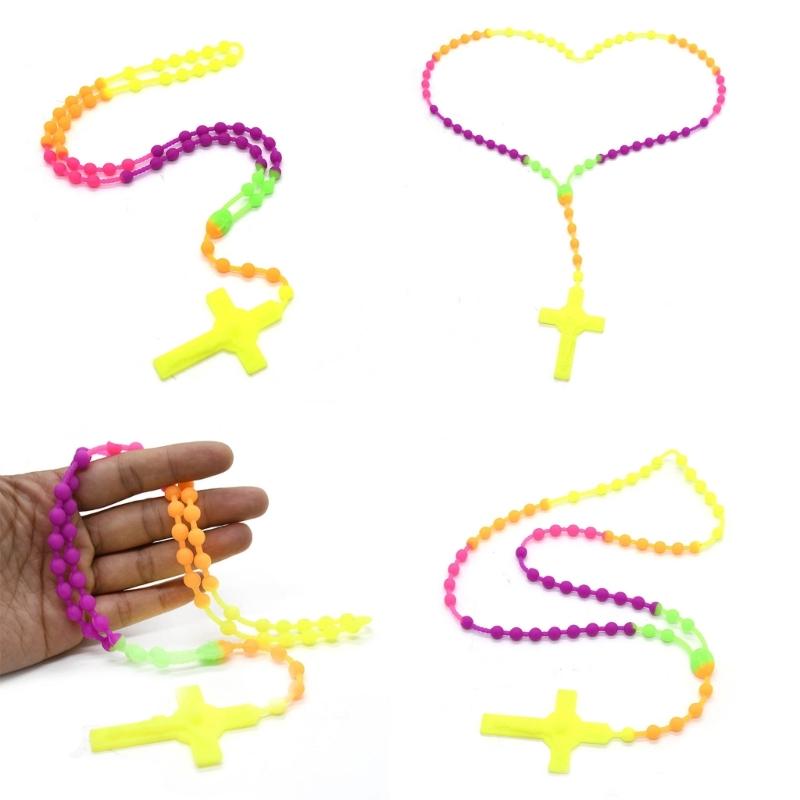 Fashion Rosary Beads Cross Pendant Necklace Women Link Chain Plastic Material Necklace Girl Religious Jewelry Party Gift
