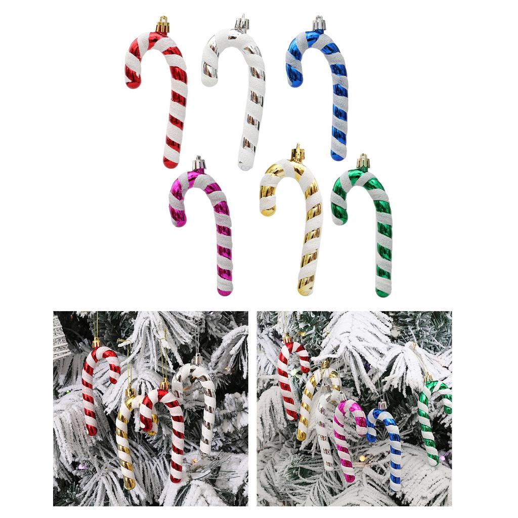 6Pcs Christmas Candy Cane Ornament Glitter Plastic Christmas Tree Hanging Pendant Decoration for Holiday Party Favors