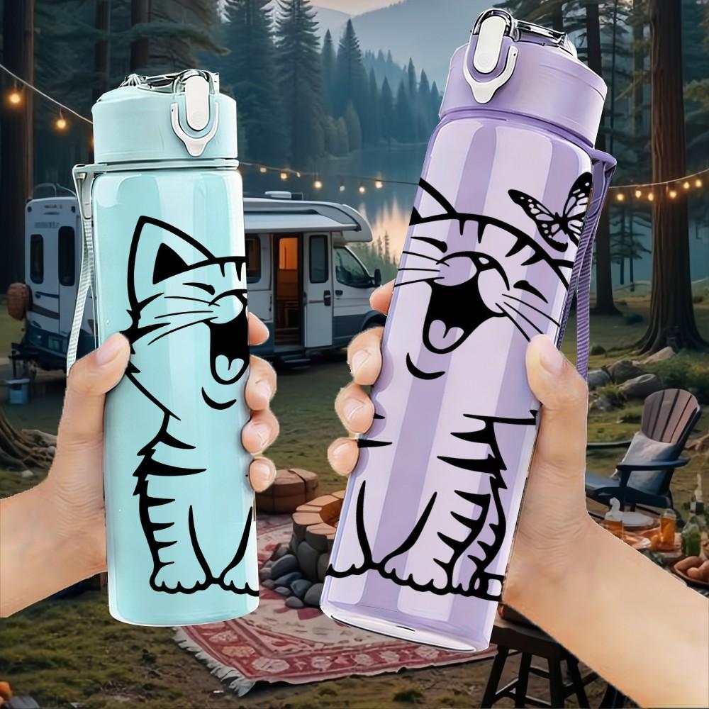 1PC Playful Tabby Kitten Cartoon Pattern 750ml Color Plastic Sports Water Bottle Leakproof Flip Straw Lid Suitable for Sports Office Home Use