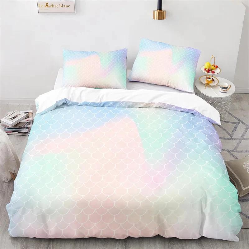 Colorful Fish Scales Bedding Set Twin King For Boys Girl Blue Pink Mermaid Skin Surface Print Duvet Cover Polyester Quilt Cover