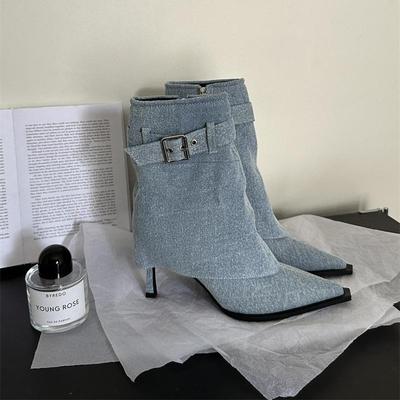 Yeni Tasarım Kot Tokalı İnce Topuklu Ayak Bileği Botu Fermuarlı Sivri Burunlu Davet Kadın Ayakkabısı Zapatillas Mujer