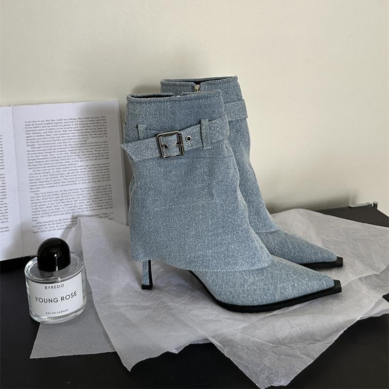 New Design Denim Buckle Thin Heels Ankle Boots Zipper Pointed Toe Banquet Women Shoes Zapatillas Mujer